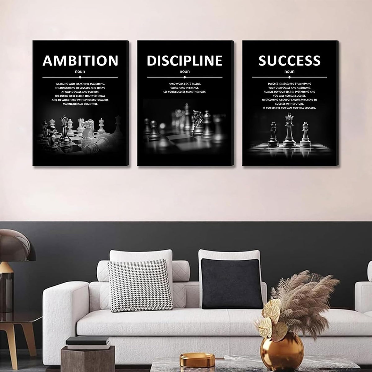 Set de 3 Cuadros de Lienzo Motivacionales para Oficina (Ambición, Disciplina, Éxito)