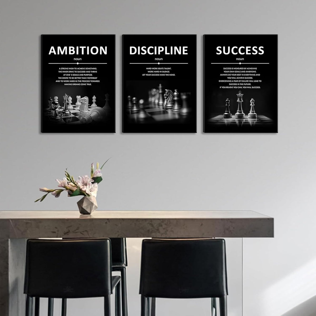 Set de 3 Cuadros de Lienzo Motivacionales para Oficina (Ambición, Disciplina, Éxito)