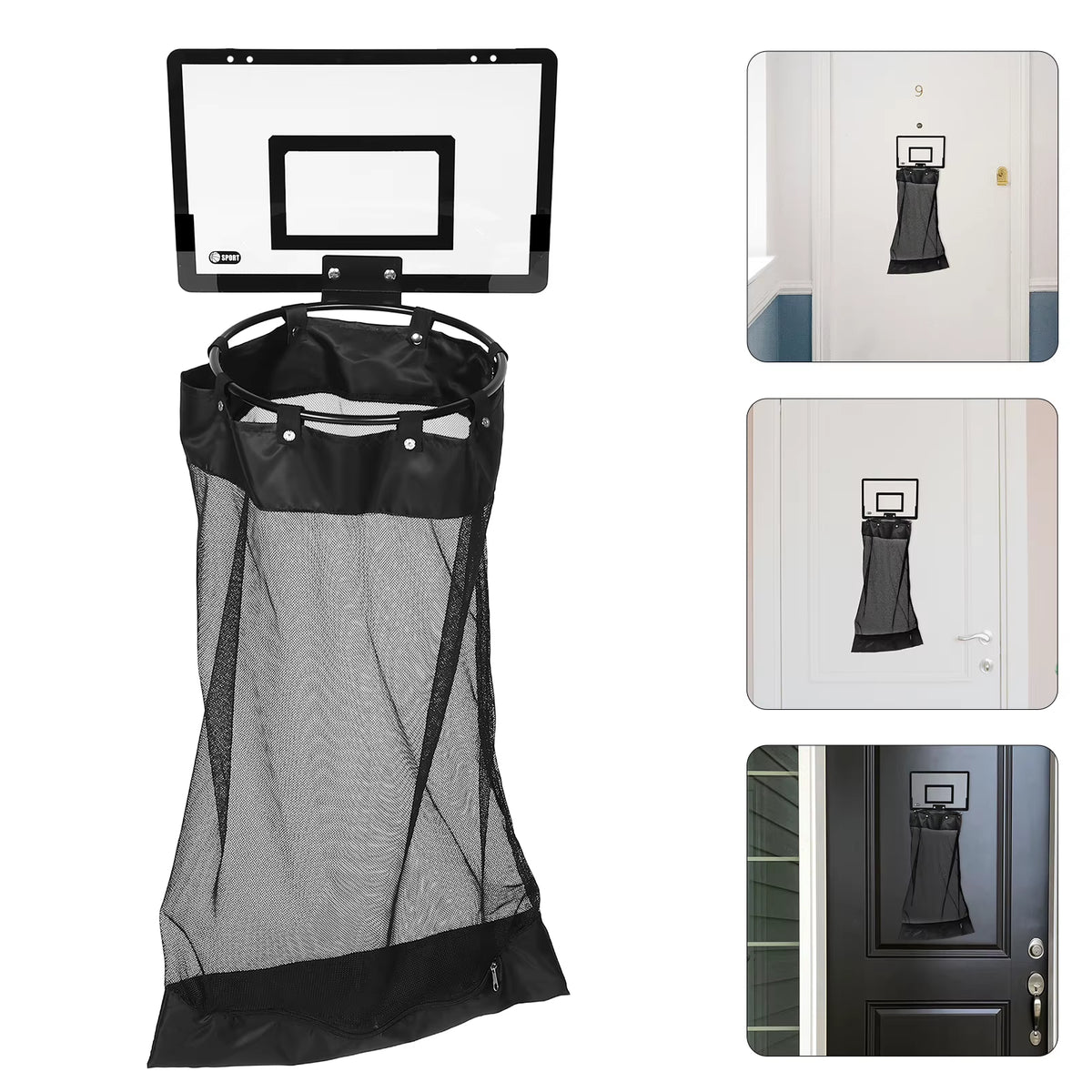Basketball Hoop Laundry Hamper Zippered Space-Saving Hanging Mesh Organizer for Dorms Bathrooms Bedrooms Office Wall Organizer