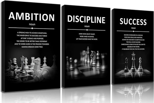 Set de 3 Cuadros de Lienzo Motivacionales para Oficina (Ambición, Disciplina, Éxito)