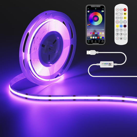 OULARA Tira De Luces LED RGB COB 5 V, 1 M, Controlador Bluetooth Smart App, Cambia De Color Con 600 Leds/M, Multicolor Flexible Para TV, Dormitorio, Fiesta, Decoración DIY