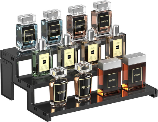 Lifewit Expositor Perfumes, Expositor Metacrilato, Soportes Y Vitrinas De Oficina Para Hogar Para Figuras, Cupcakes, Postres, Esmalte De Uñas, Especias, Cosméticos, 3 Niveles, 1 Paquete, Negro, 30 Cm