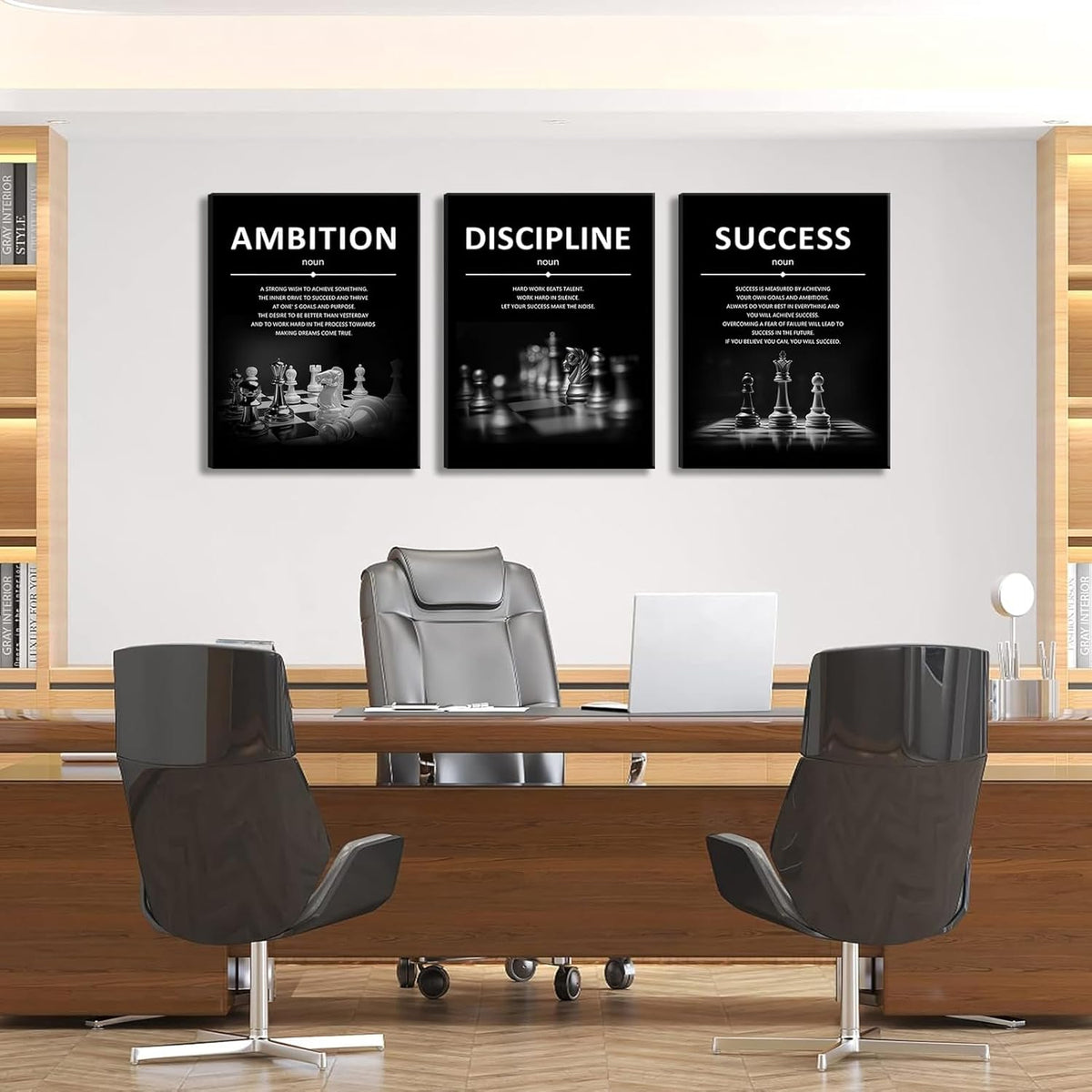 Set de 3 Cuadros de Lienzo Motivacionales para Oficina (Ambición, Disciplina, Éxito)