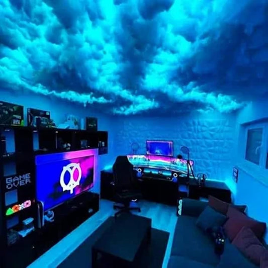 Cuarto gaming con nube LED de tormenta en el techo